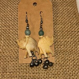 Elephant Charm Earrings with Green Beads